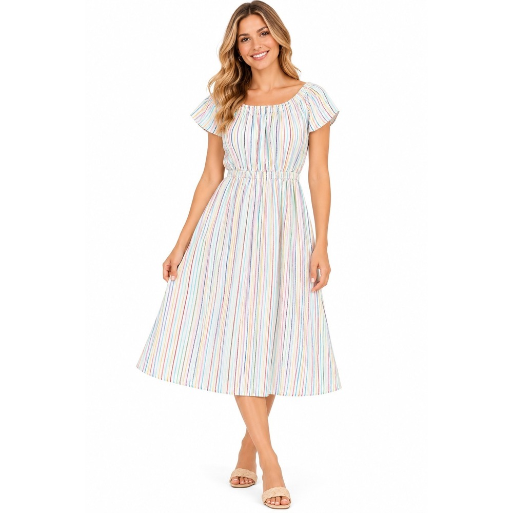 Lane Bryant Striped Smocked Square Neck Flutter Sleeve Midii Dress Size 14